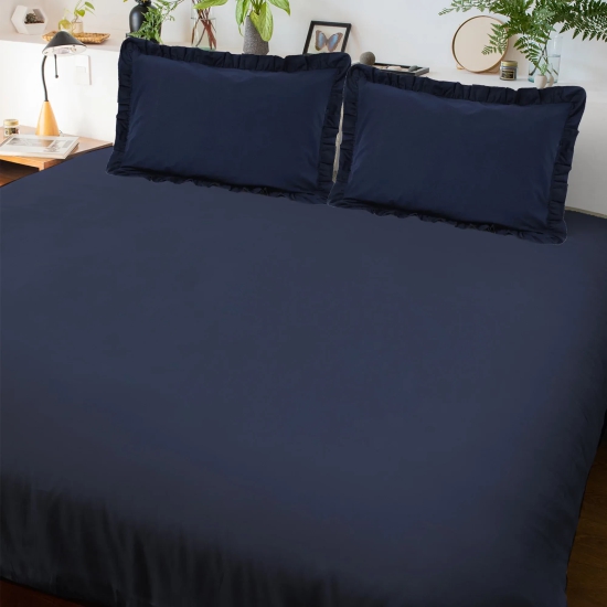 Solid Colour 100% Cotton, 270 TC King Bedsheet with 2 Frill Pillow Covers Ink Blue