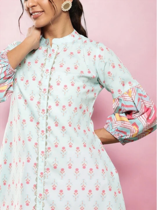 Sea Green & Pink Mandarin Collar Printed Tunic