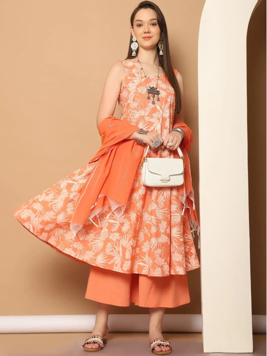 Printed orange flared kurta pallazos dupatta set-L / Orange