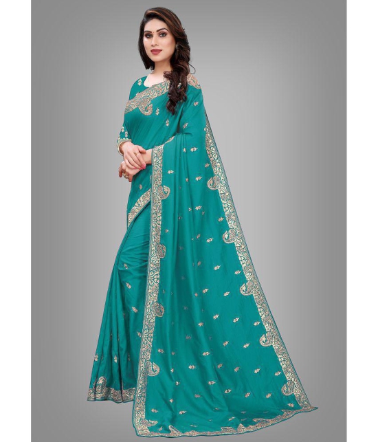 Om Shantam Sarees - Turquoise Silk Blend Saree With Blouse Piece ( Pack of 1 ) - Turquoise