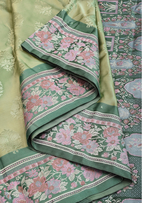 Pure Banarasi Satin Silk Saree with Meenakari Motifs in shades of Green| SILK MARK CERTIFIED