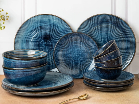 Handcrafted Stoneware Reactive Glaze Ceramic Dinner Set, 14 Pieces Serving for 4, Microwave and Dishwasher Safe, Bone-ash Free, Crockery Set for Dining and Gifting, Reactive Blue