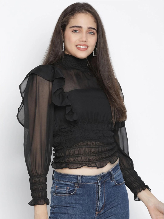 Oxolloxo Black Bishop Sleeves Ruffles Cinched Waist Top