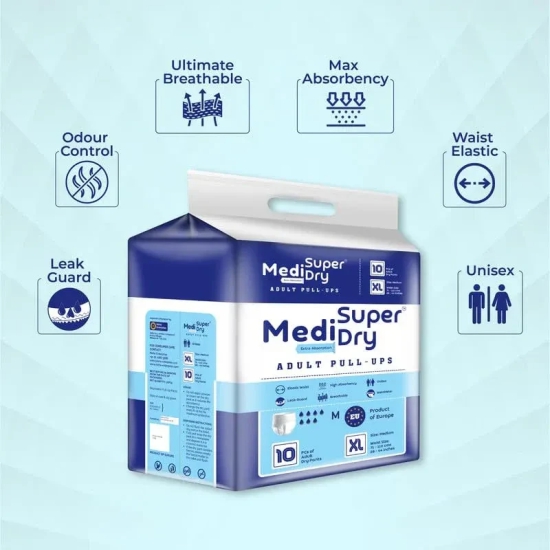 MediSuperDry Unisex, Adult Pull-Up Diaper Pants Xl - High Absorbency, Leak Proof, Overnight Protection, Elastic Waist Size (147-172 Cm | 58-68 Inches) - 20 Pieces, Pack Of 2