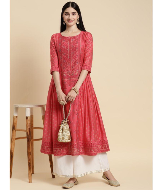 Rangita Women Chanderi Coral Sequin Yoke Embroidered Calf Length Kurti Gathered At Side - None