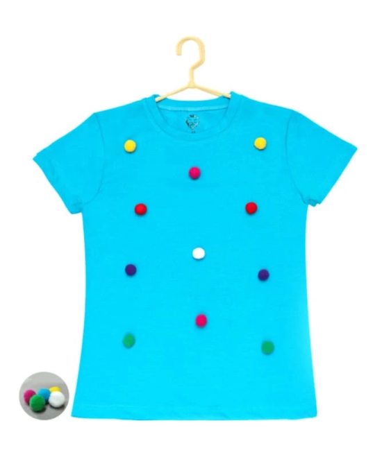 Girls Casual Short Sleeve Pom Pom Balls Cotton T Shirt (Blue) PID49322