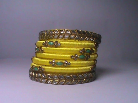  Yellow Silk Thread Bangle Set with Stone and Pearl Embellishment