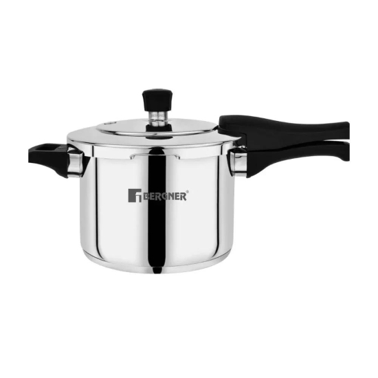 Bergner Pura Stainless Steel Outer Lid Pressure Cooker | Gas & Induction Compatible | Silver 5.5 Litre