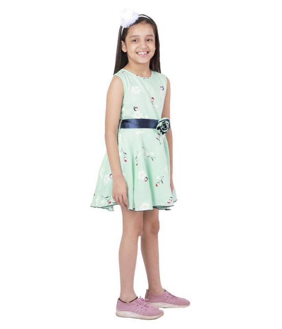 Kids Cave Dress For Girls Fit And Flare Round Neck Knee Length Navy Blue Satin Waist Belt With Flower Fabric Rayon (Color Light Green Size 3-12 Years) - None