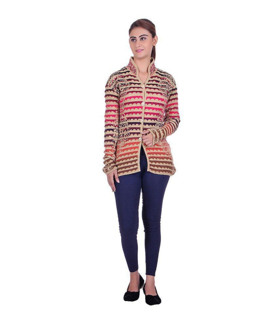 eWools.in Beige and Pink Woollen Buttoned Cardigan - L