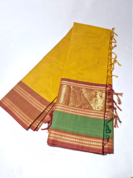 NVKCD001- Yellow color with Brown and Pastel Green Broder Kanchi Cotton  Handoven Saree