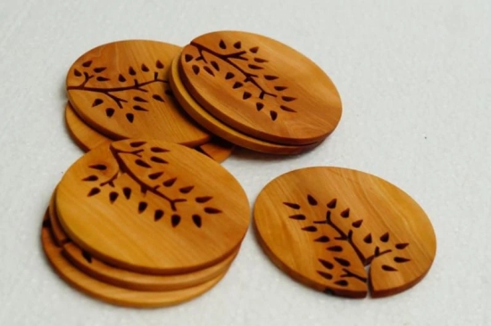  Set of 6 Round Wooden Coasters with Tree of Life Design