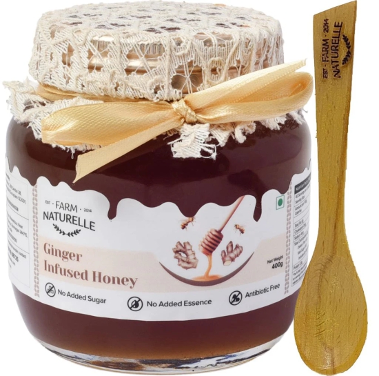 Farm Naturelle-Real Ginger Infused Forest Honey|Ginger Honey 400gm and a Wooden Spoon| 100% Pure, Raw Natural - Un-Processed - Un-Heated Honey |Lab Tested |