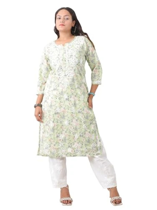 Pravia Lucknowi Chikankari Embroidery Premium Handwork Cotton Long Kurti with Pocket Pants, Flower Print, Set for Women