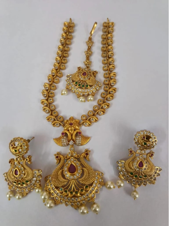 Bridal Gold Plated Antique Temple Jewellery Set With Ruby Stones