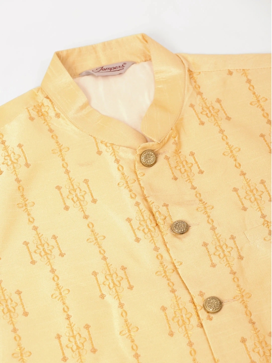 Men Golden Embroidered Woven Nehru Jackets-L / Golden