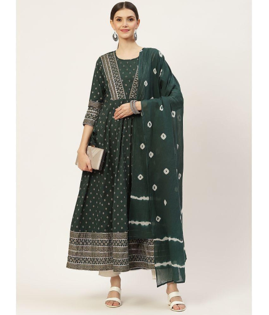 Kbz - Green Cotton Women's Flared Kurti with Dupatta ( Pack of 1 ) - None