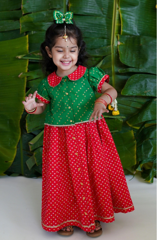 Baby Girl Bandhani Pattu Pavdai-Green 1Y