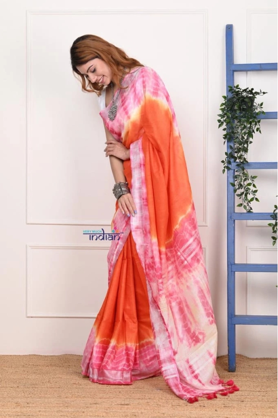 EXCLUSIVE! Handmade Tie and Dye Cotton Orange Lehriya Saree By Women Weavers