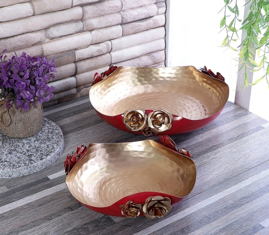 Red & Gold Hammered Rose Urli Set of 2-Gold