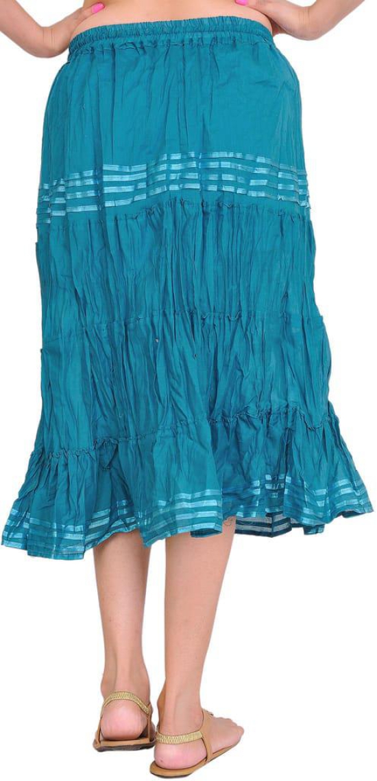 Storm-Blue Plain Elastic-Waist Midi Skirt with Lace