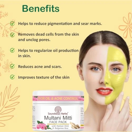 Soundarya Herbs Multani Mitti Face Pack with Multani Mitti and Bulgarian Rose, for Oil and Acne Control