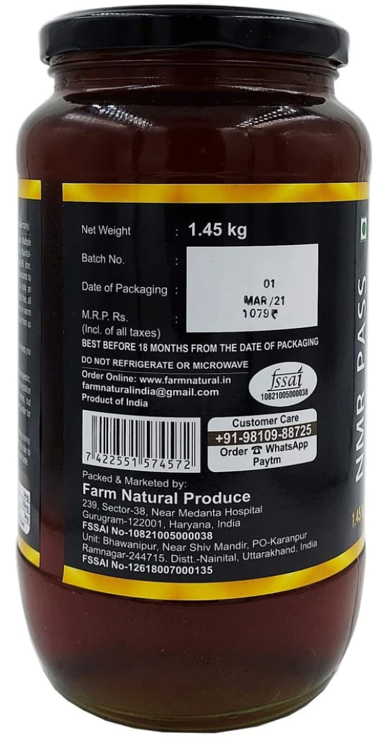 Farm Naturelle- Raw, 100% Natural NMR Tested, Pass, Certified Jungle Honey All Purpose Strong and Delicious Wild Forest Flower Honey (1.45 Kg) Glass Bottle.