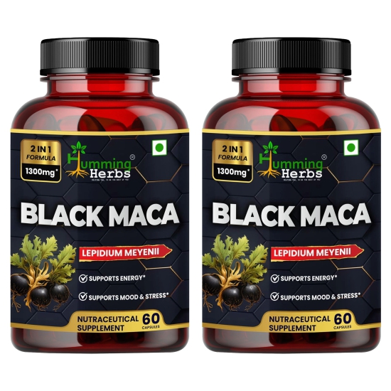 Humming Herbs Black Maca Root Extract 1300mg - Boosts Energy & Stamina, Supports Mood & Hormonal Balance - Mens & Womens Health Supplement - Pack of 2