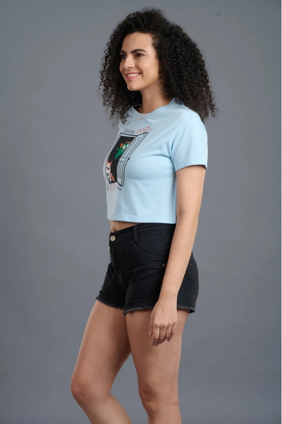 Think Of The Devil & Devil Is Here Printed Blue Crop Top for Women L