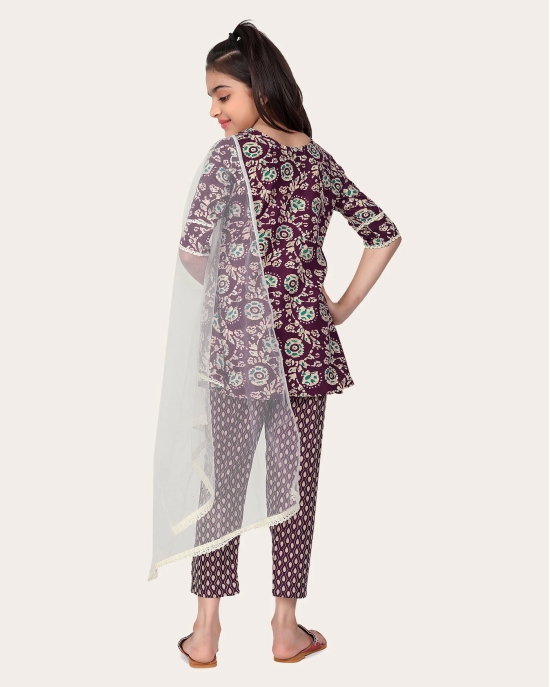 Designer Cotton Print Work Kid Top Bottom With Dupatta Purple-Purple / 8 - 9 Years