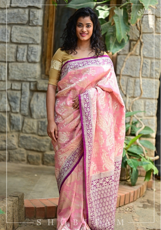 Lotus Pink and Plum Tussar Georgette Silk Saree | SILK MARK CERTIFIED | Shobitam Saree