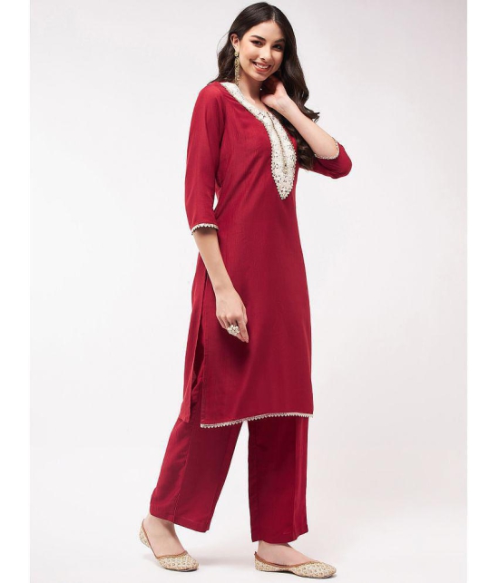 Pannkh - Red Art Silk Womens Straight Kurti ( Pack of 1 ) - None