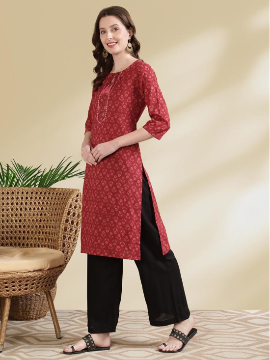 Rangita Women Cotton Red Embroidered Knee Length Straight Kurti - None