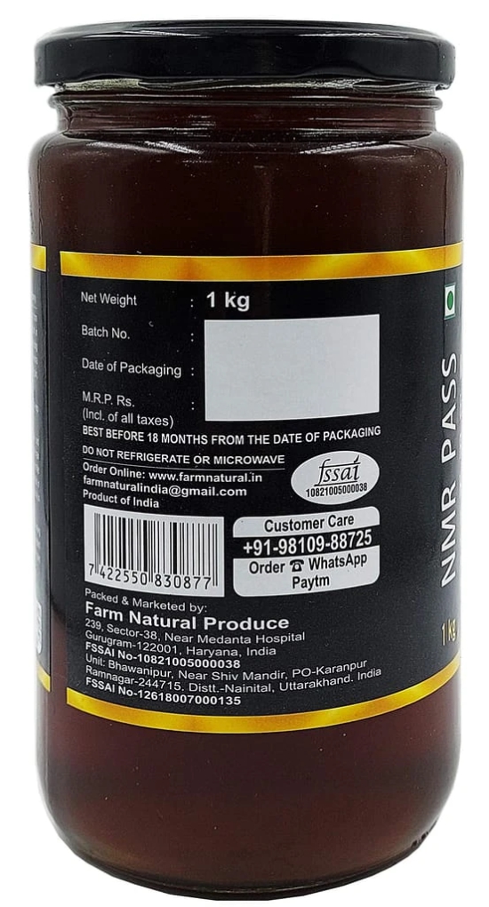 Farm Naturelle- Raw 100% Natural NMR Tested , Pass , Certified Un-Processed Virgin Eucalyptus Forest Honey Ayurved Recommended (1 Kg) Glass Bottle.