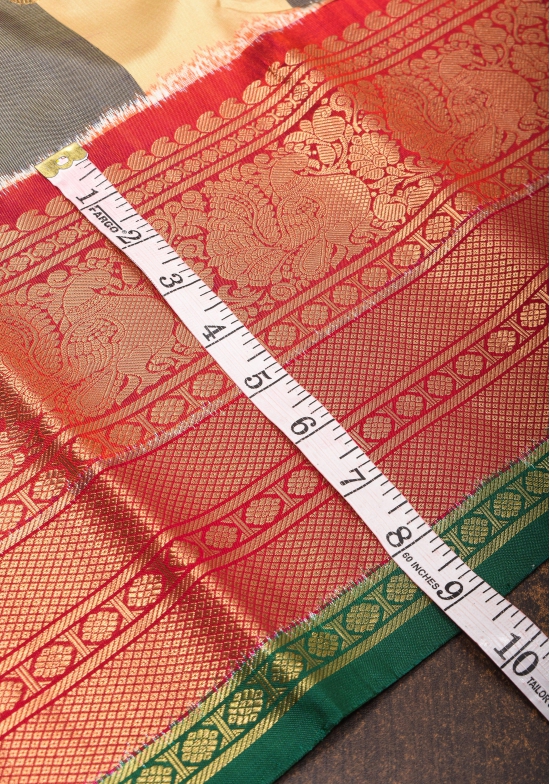 Beige and Black Kanjivaram Pure Silk Saree with Checks and Red Border | SILK MARK CERTIFIED