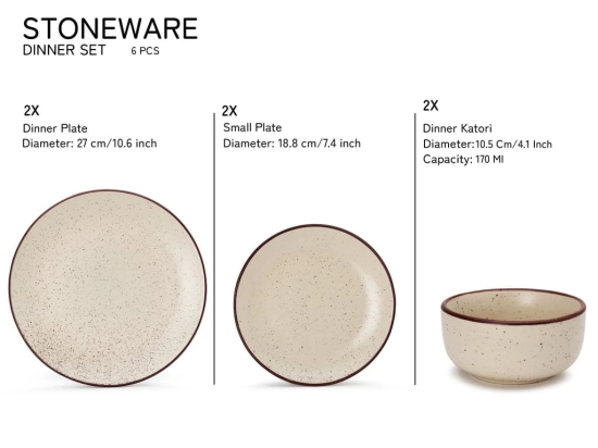 Handcrafted Stoneware Reactive Glaze Ceramic Dinner Set, 6 Pieces Serving for 2, Microwave and Dishwasher Safe, Bone-ash Free, Crockery Set for Dining and Gifting, Beige Speckeld