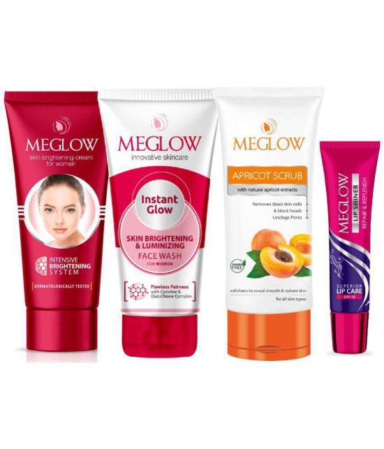 Meglow Skin Brightening Cream for Women 50g + Instant Glow Facewash 70g + Apricot Scrub 70g + Lip Shiner (SPF-15) 15g