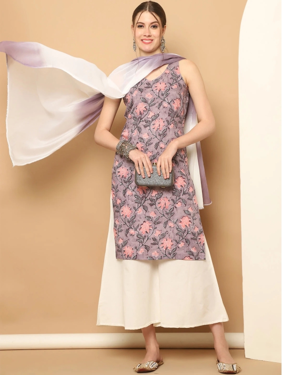 Printed Purple Rayon Kurta with Palazzos & With Dupatta-S / Purple