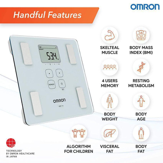 Omron HBF 214 Digital Full Body Composition Monitor with 4 User & Guest Mode Feature to Monitor BMI, Body Age, Vesceral Fat Level, Body Fat & Skeletal Muscle Percentage (White)