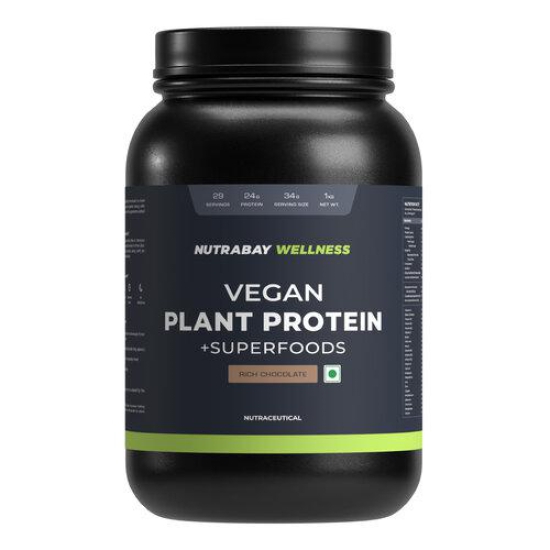 Nutrabay Wellness Vegan Plant Protein Powder + Superfoods - 1kg, Rich Chocolate | Complete Amino Acid | Pea & Brown Rice | 24g Protein | Easy to Digest | Sugarfree | Supplement for Men & Women