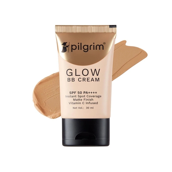 Pilgrim BB cream for women with Niacinamide, Hyaluronic Acid & Vitamin C | Matte Finish, Instant Spot Coverage with SPF 50 PA++++ | All Skin Types | The Beige Glow, The Almond Glow, The Honey Glow