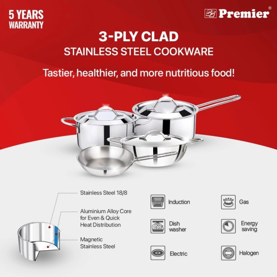 Premier 3-ply Clad Stainless Steel Sauce Pan TPS-16/18 - 18 cm