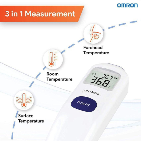 Omron MC 720 Non Contact Digital Infrared Forehead Thermometer With 1 Second Quick Measurement, 3 in 1 Measurement Mode, Auto On/off & Backlight