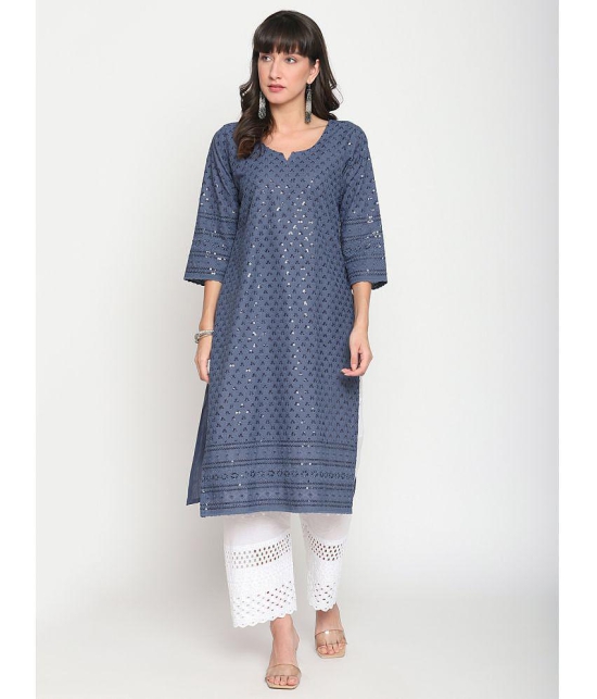 Queenley - Blue Cotton Women's Straight Kurti ( Pack of 1 ) - XXL