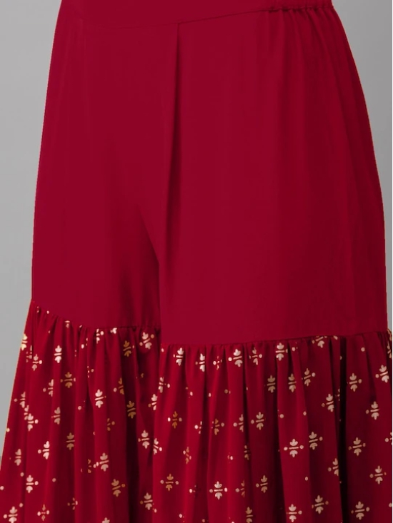 Women Maroon & Gold Printed Kurti with Sharara & Dupatta