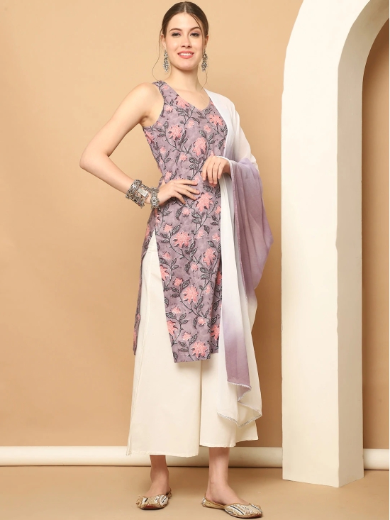 Printed Purple Rayon Kurta with Palazzos & With Dupatta-M / Purple