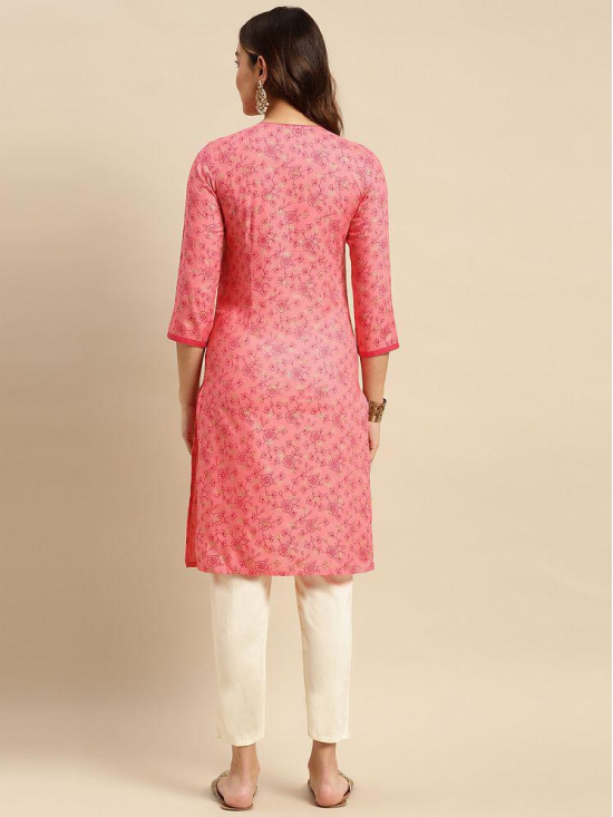 Rangita Women Rayon Pink Floral Printed Knee Length Straight Kurti - None