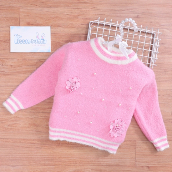 Fur sweater with pearl flower-Pink / 4-5 Years