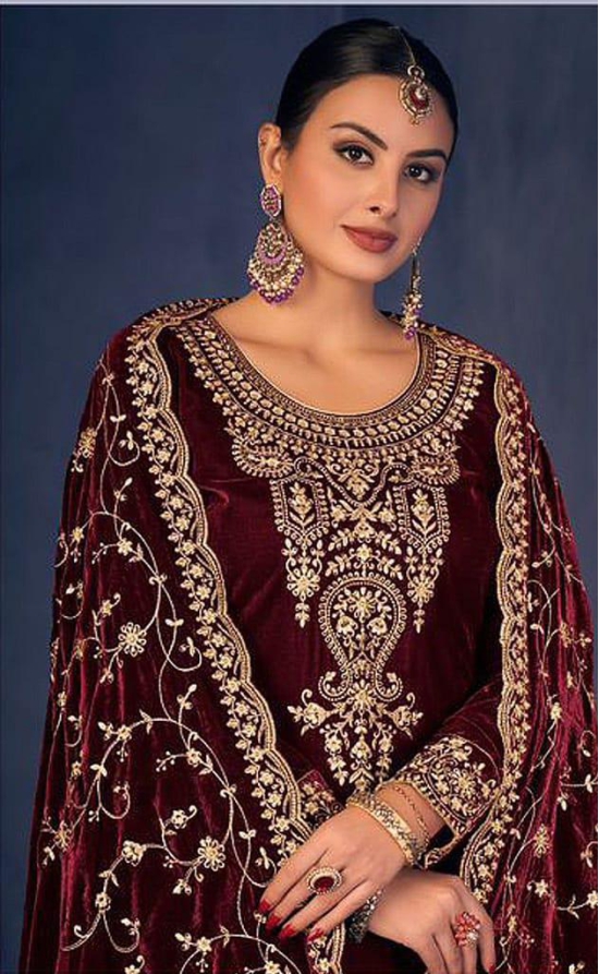 Lorenvelley Fashion Maroon Velvet Salwar Suit Material Embroidered