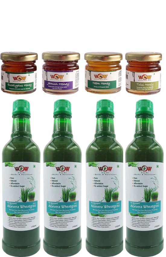 WOW ZIP - GO HERBS & NUTRITION -100% Pure Aloevera Wheatgrass Herbal Juice (750 Mlx 4 + 4 Honey 55g) Free Immunity Enhancing Honey.